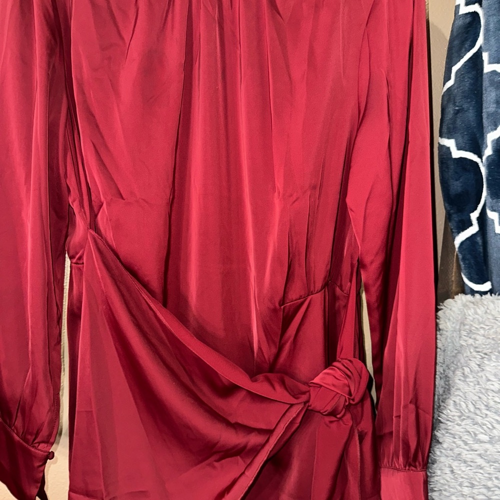 Burgundy Long Sleeve Satin Dress - Picture 2 of 7